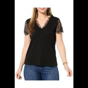 TWRHLL by Christie Brinkley Women's Lace Sleeve Knit Top Black - Regular